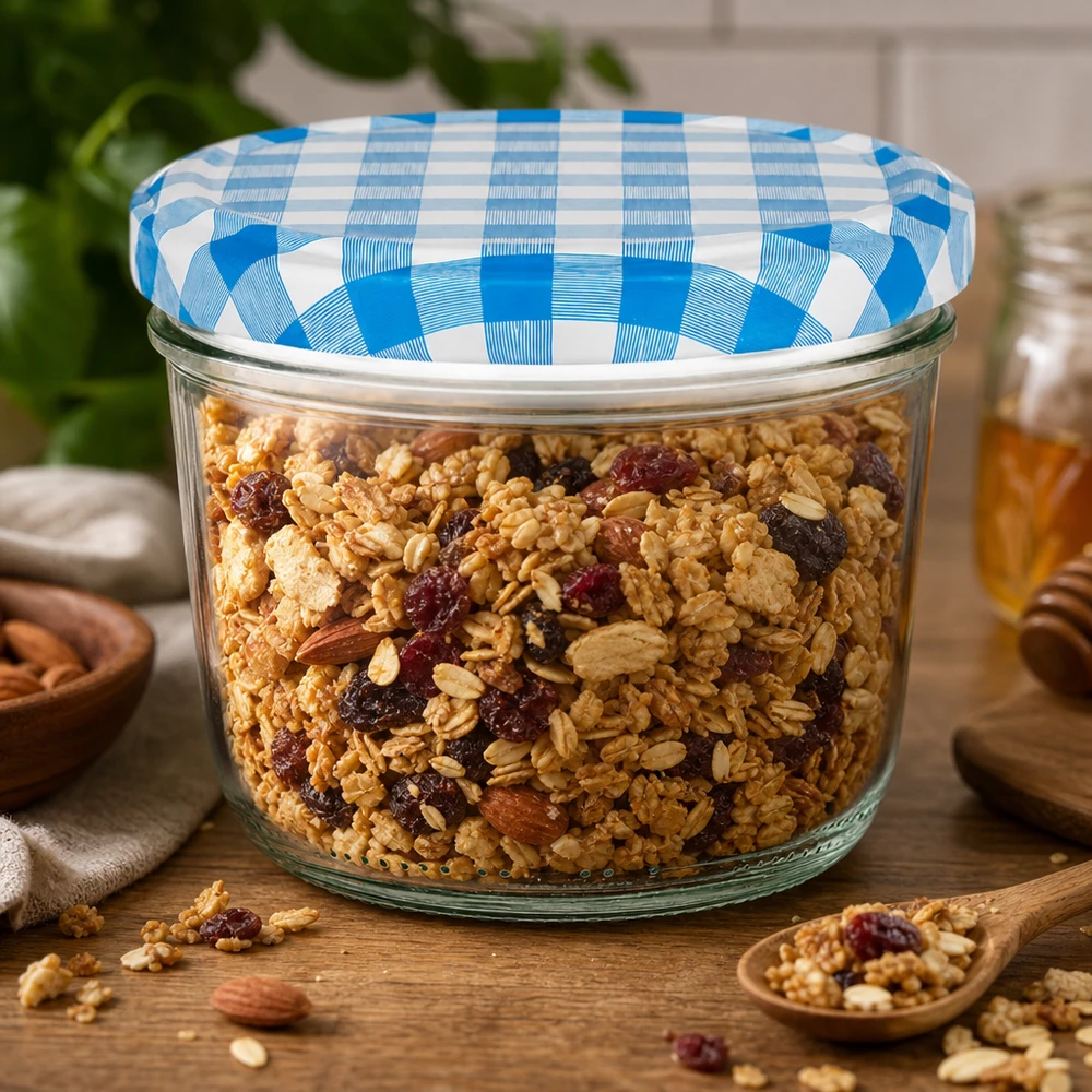 230ml Sturzglas mit BasicSeal Deckel blau-weiß kariert gefüllt mit Müsli und Nüssen als Vorratsglas