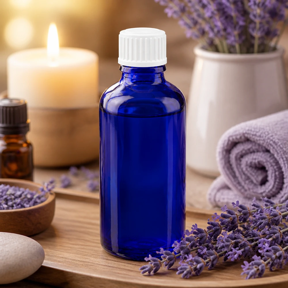 Kobaltblaue Apothekerflasche 50ml für ätherische Öle auf Holztablett mit Lavendeldeko
