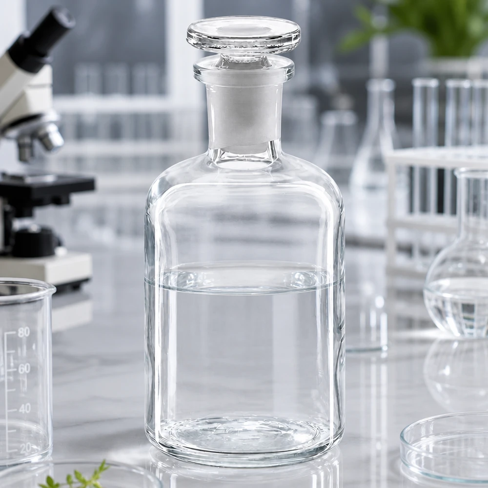 Enghalsflasche 100ml Klarglas halbgefüllt mit Flüssigkeit Glasstopfen Laborbedarf