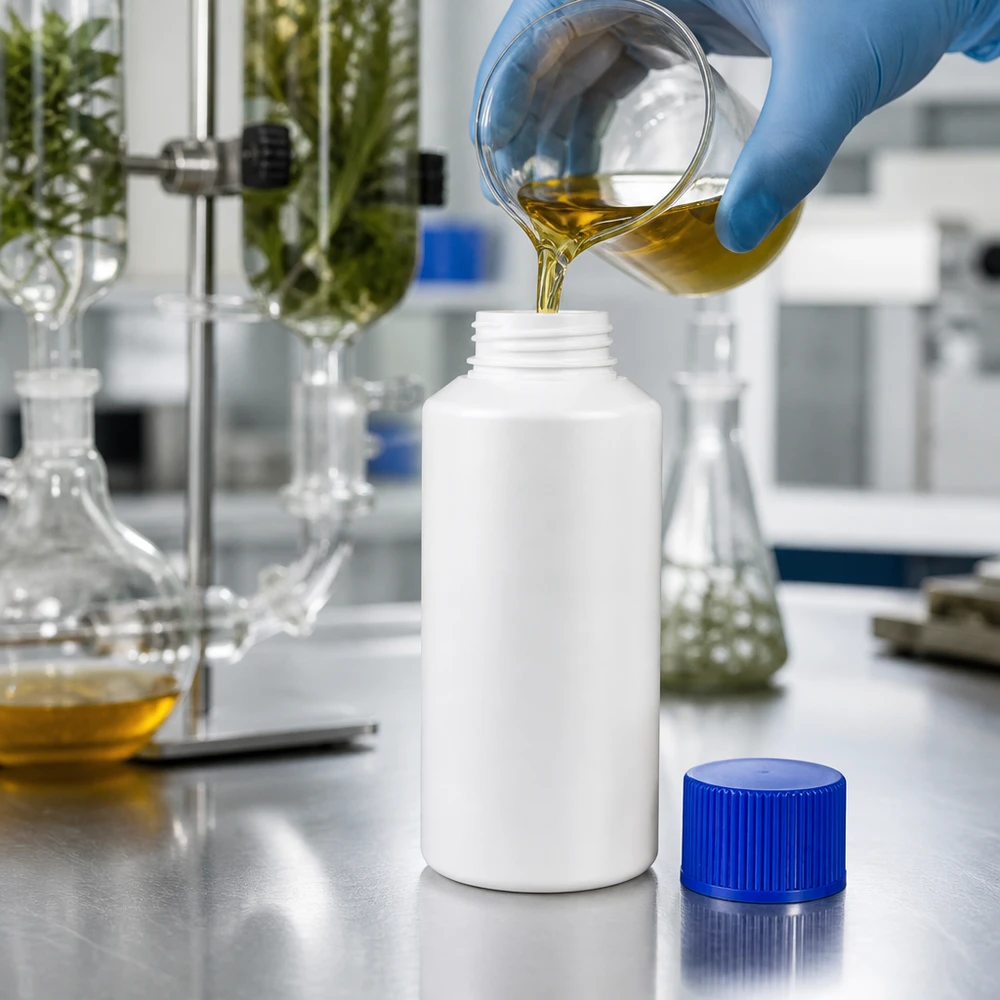 HDPE Apothekenflasche 30ml in Weiß beim Befüllen mit goldfarbenem Pflanzenöl im Labor
