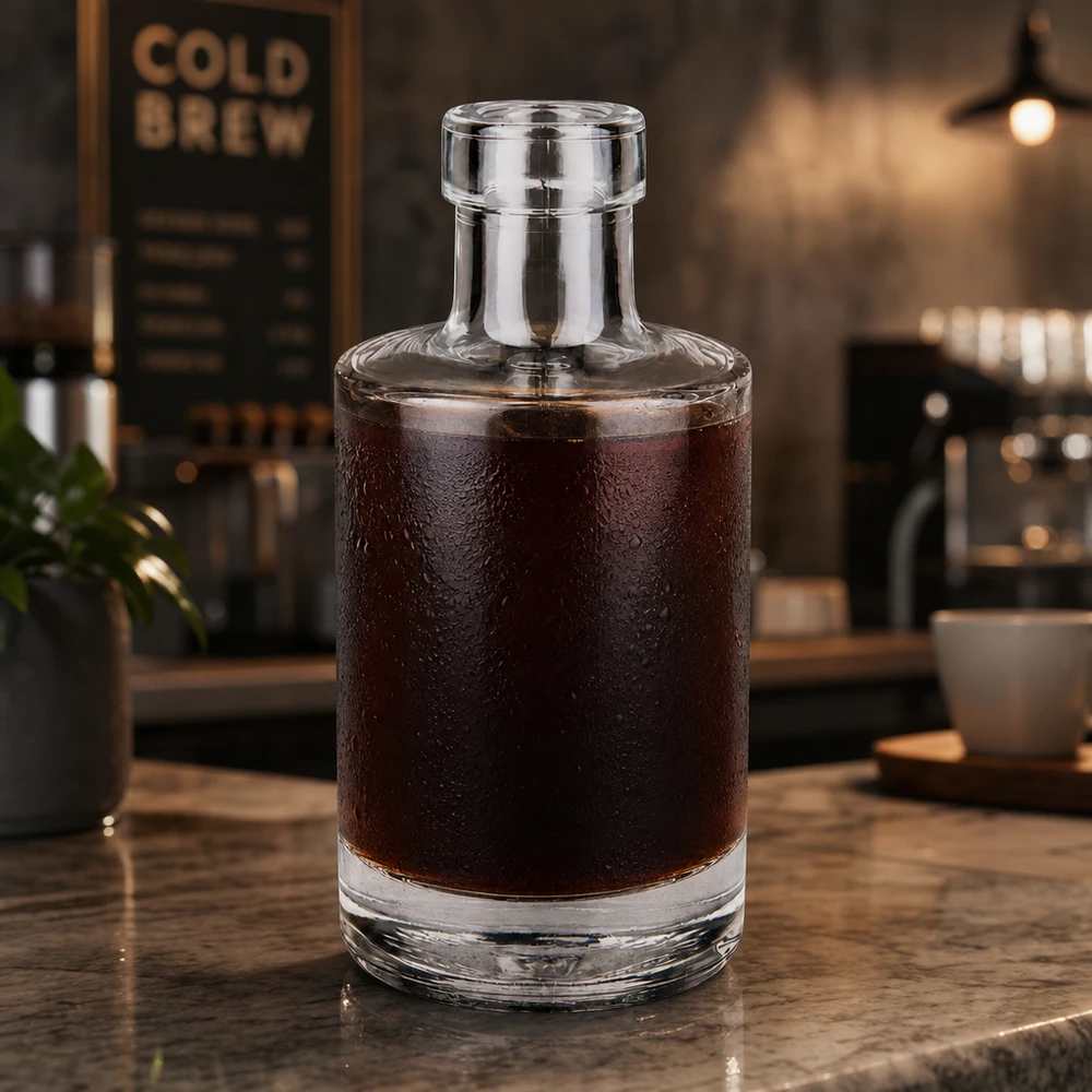 200ml Glasflasche "Marie" ohne Verschluss UNiTWIST 200ml Glasflasche Marie mit Cold Brew Kaffee befüllt in moderner Café Atmosphäre Anwendungsbeispiel Coffee Shop