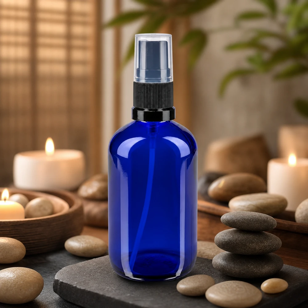 Apothekenflasche blau 100ml Sprayaufsatz schwarz Kobaltblaue 100ml Glassprayflasche mit transparenter Schutzkappe auf Schieferstein und Wellness Steinen