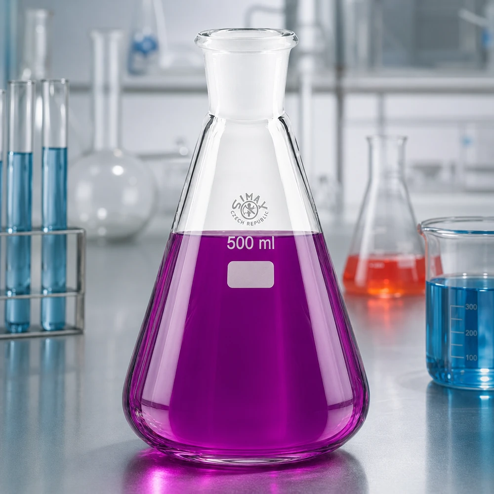 Erlenmeyerkolben 500ml mit Normschliff (29/32) Erlenmeyerkolben 500ml für chemische Experimente mit violetter Testlösung gefüllt