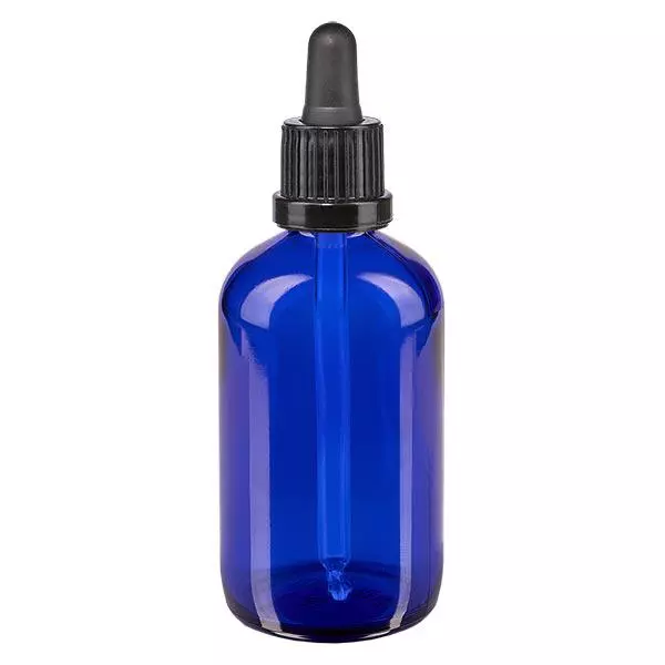 Apothekenflasche blau 100ml Pipette schwarz Originalitätsverschluss Apothekenflasche blau 100ml Pipette schwarz Originalitätsverschluss