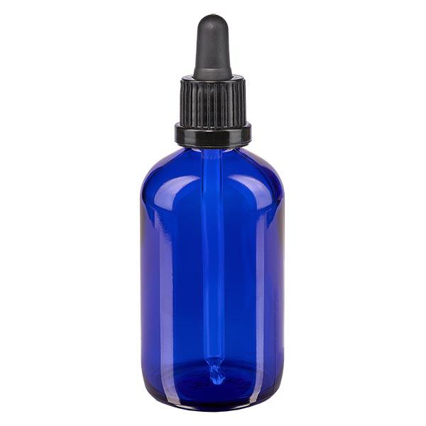 Apothekenflasche blau 100ml Pipette schwarz Originalitätsverschluss