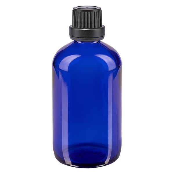 Apothekenflasche blau 100ml Tropfverschluss Premium 2mm schwarz Originalitätsverschluss