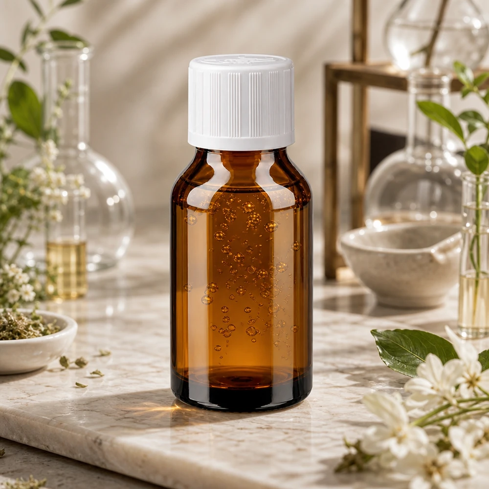 Apothekenflasche braun 15ml Schraubverschluss weiß Kindersicherung Standard Pharmazeutische Braunglasflasche 15ml mit kindersicherem weißen Verschluss auf Marmor