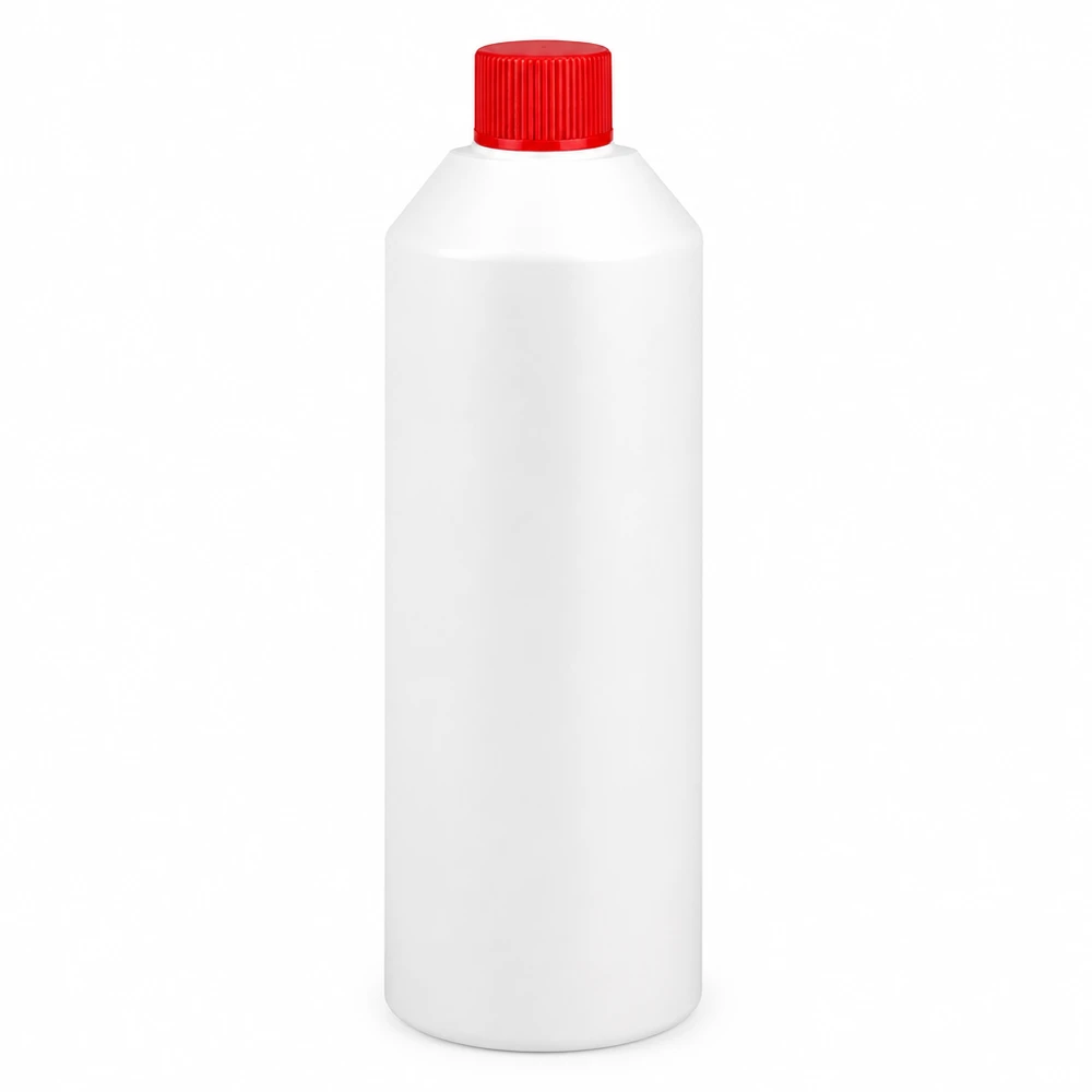 Weiße Rundflasche 250ml mit rotem Schraubverschluss ideal für Chemikalien und Pharmaprodukte