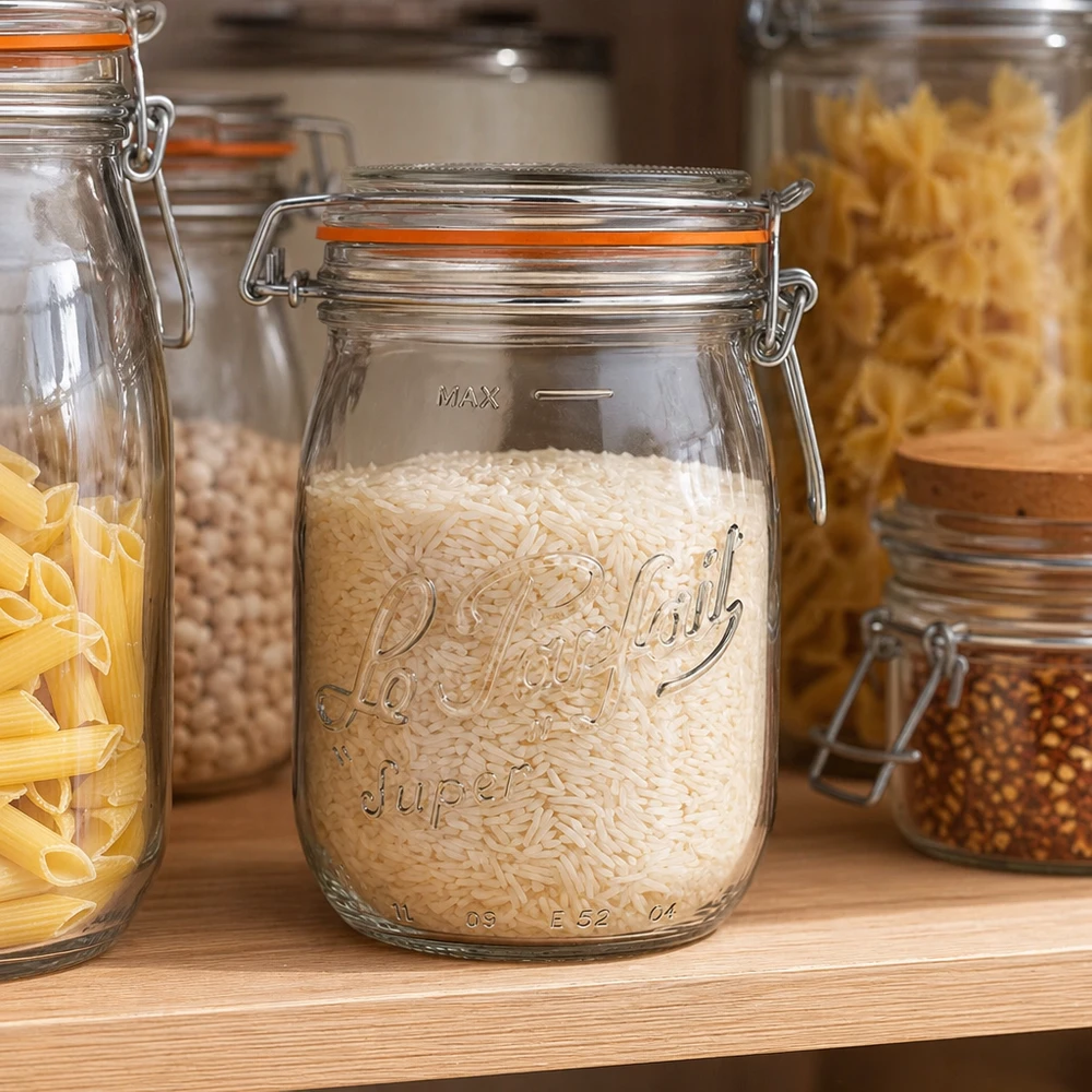 1000ml Le Parfait Super Vorratsglas mit Bügelverschluss gefüllt mit Reis in moderner Küche mit weiteren Vorratsgläsern