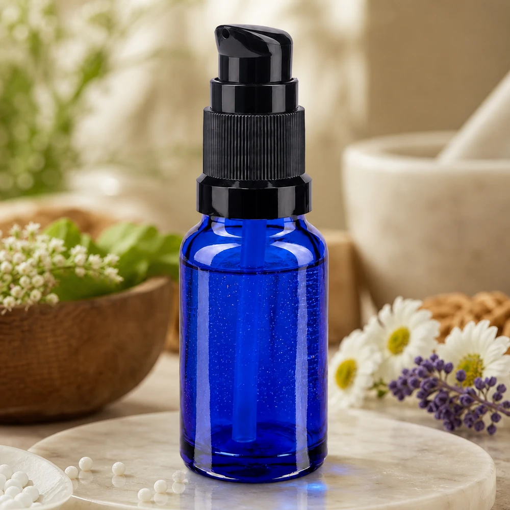 Apothekenflasche blau 10ml PumpVerschluss schwarz Standard Kompakte blaue STD Pumpflasche 10ml ideal zur Abfüllung von Hautpflegeprodukten