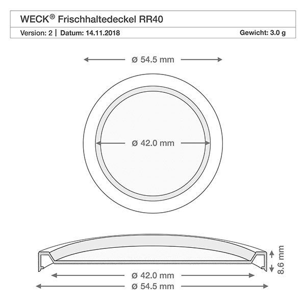 35ml Sturzglas mit Frischedeckel WECK RR40 WECK RR40 Frischedeckel technische Zeichnung mit Maßen 54,5mm Außendurchmesser 42mm Innendurchmesser 8,6mm Höhe