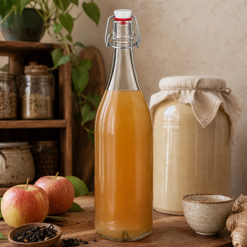 1000ml Glasflasche mit Bügelverschluss gefüllt mit Apfelsaft neben frischen Äpfeln und Kombucha in rustikaler Küche
