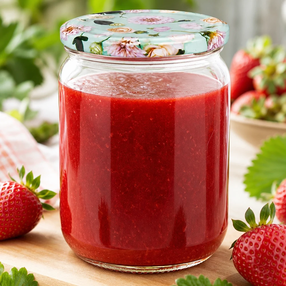 UNiTWIST Rundglas 555ml gefüllt mit Erdbeerpüree luftdicht verschlossen durch BasicSeal Deckel mint