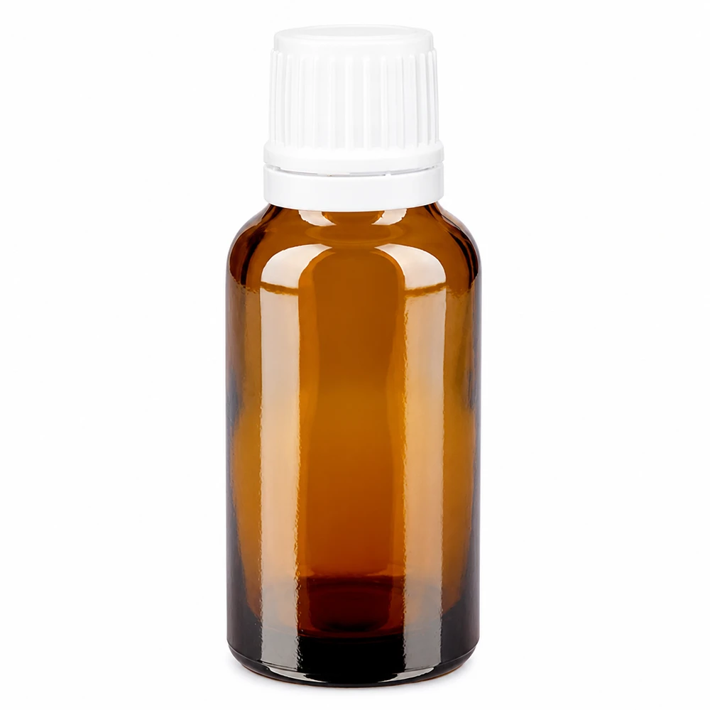 Kleine braune Glasflasche 20ml mit kindersicherem Originalitätsverschluss weiß 11mm