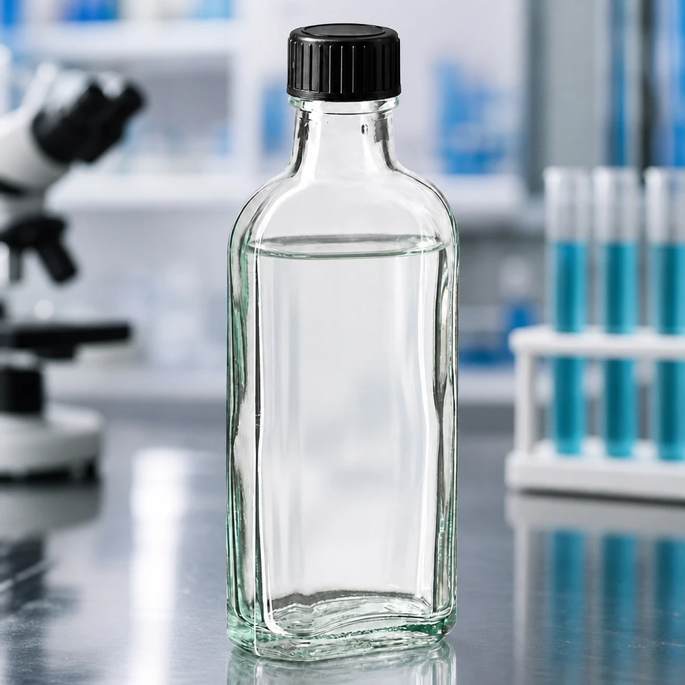 Rechteckige klare Glasflasche 100ml mit EPE-Dichtscheibe auf glänzender Laborarbeitsfläche