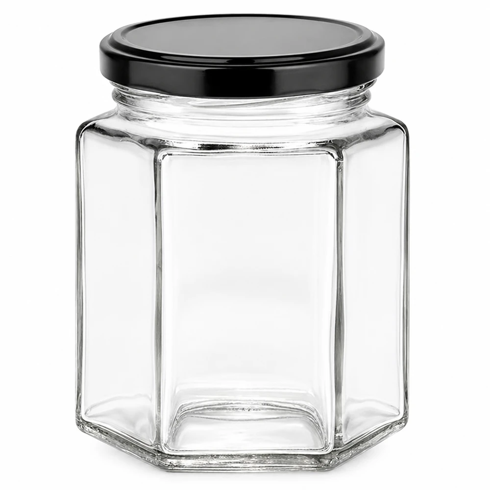 196ml Hexaglas mit BasicSeal Deckel schwarz UNiTWIST 196ml Hexaglas mit schwarzem BasicSeal Deckel - sechseckiges Marmeladenglas aus klarem Glas für Konserven und Aufstriche