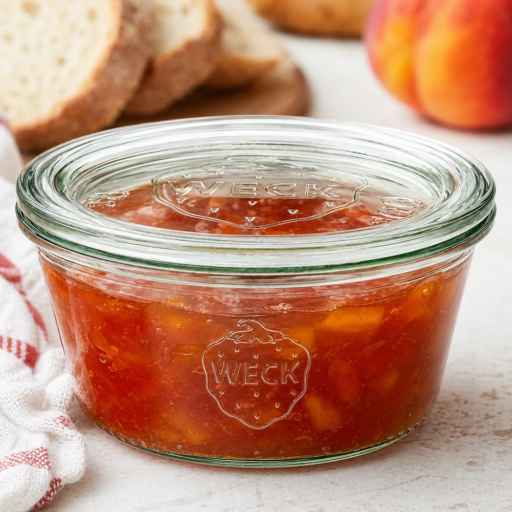 WECK Glas 290ml RR100 mit Pfirsichmarmelade und Glasdeckel neben Brot und Obst in gemütlicher Küchenszene