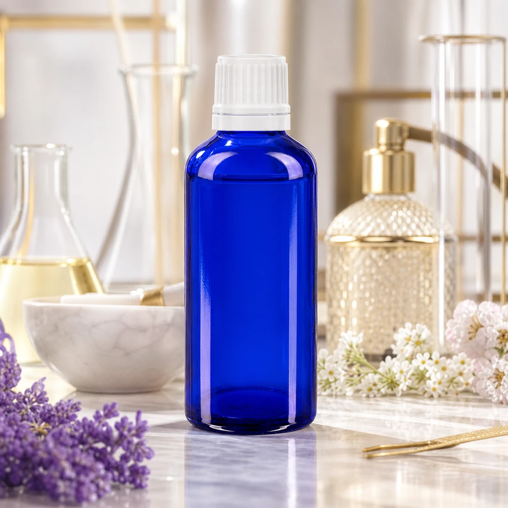 Zylindrische Tropfflasche 50ml Blauglas UV-Schutz mit weißem OV Verschluss