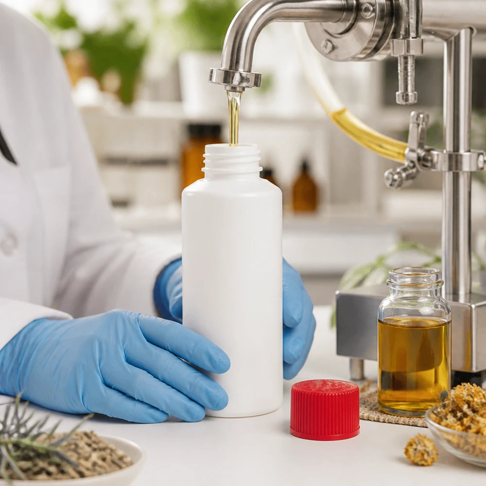 Apothekenflasche HDPE 30ml weiß, mit rotem Schraubverschluss Befüllung weißer Apothekenflasche 30ml HDPE mit ätherischem Öl durch Edelstahlanlage