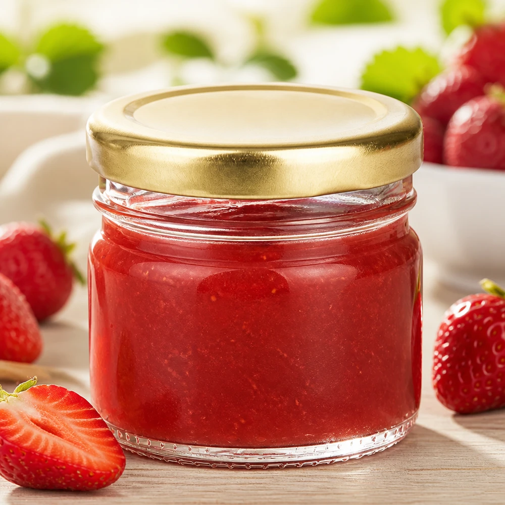 Miniatur-Vorratsglas 33ml mit BasicSeal Golddeckel befüllt mit roter Fruchtmarmelade zum Verschenken