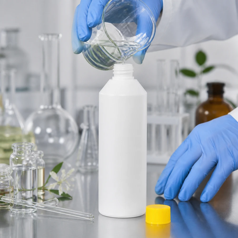 Apothekenflasche HDPE 250ml weiß, mit gelbem Schraubverschluss Apothekenflasche 250ml aus HDPE mit gelber Verschlusskappe in professioneller Laborumgebung