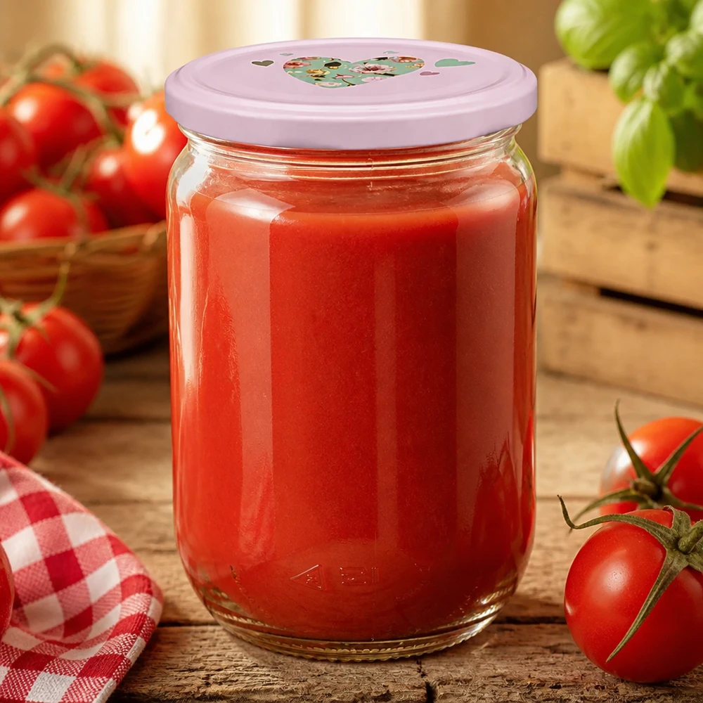 UNiTWIST Rundglas 555ml mit Tomatensugo umgeben von frischen Rispentomaten und Basilikum