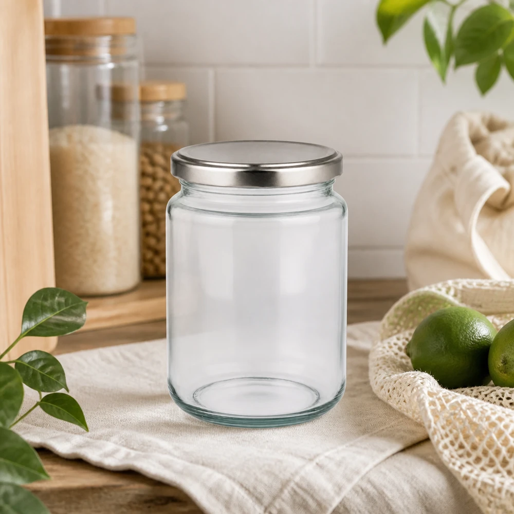 382ml Rundglas mit BasicSeal Deckel silber UNiTWIST 382ml Rundglas mit silbernem Deckel in nachhaltiger Küchenszene mit Limetten Jutebeutel Vorratsglas Zero Waste
