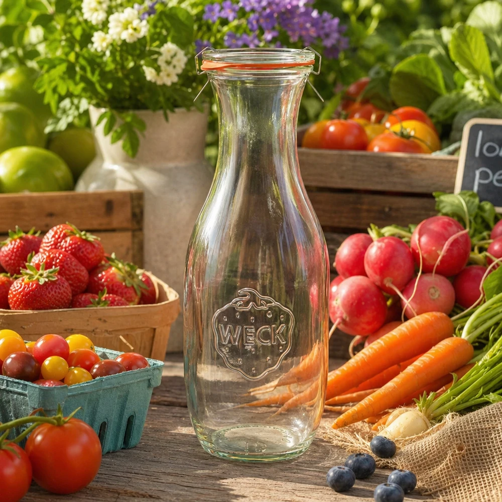 1062ml Saftflasche komplett WECK RR60 WECK Saftflasche 1062ml RR60 leer zwischen frischem Gemüse Obst auf Holztisch Farmers Market Ambiente natürlich