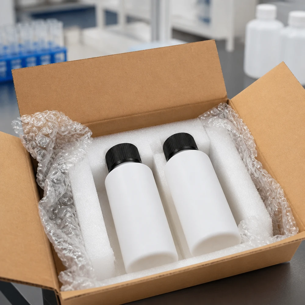 Paar kleine weiße 30ml Laborflaschen HDPE mit schwarzem Schraubdeckel in Schutzverpackung