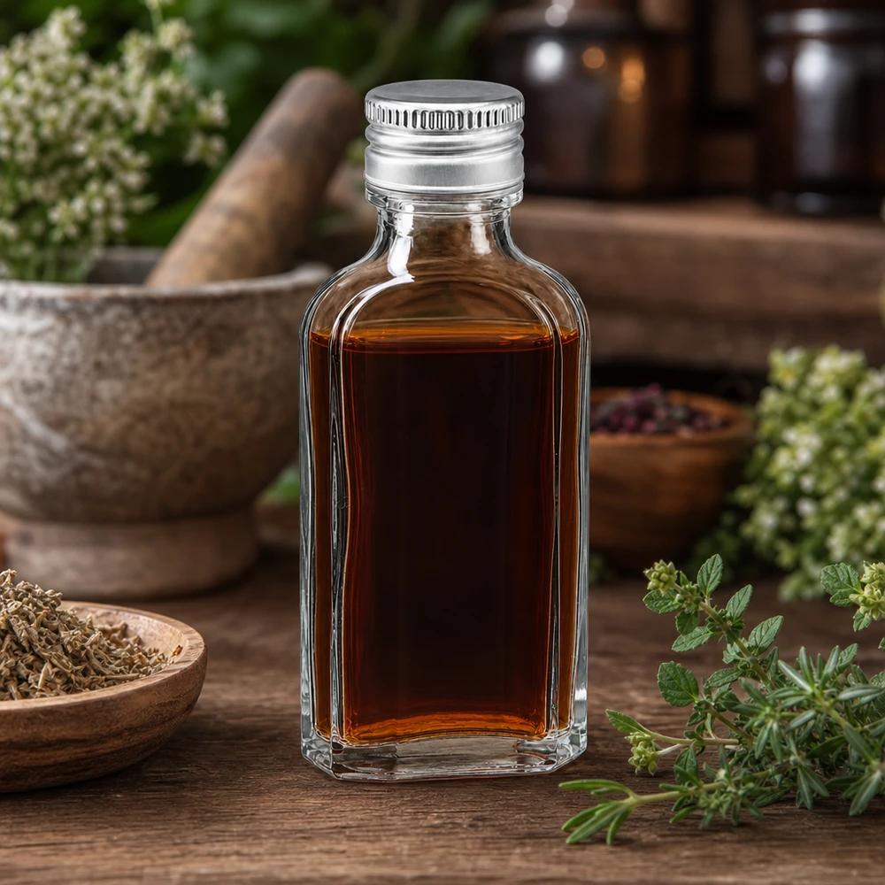 Rechteckige Meplat Flasche 50ml klar mit silbernem Schraubdeckel PP22 zwischen frischen Kräutern
