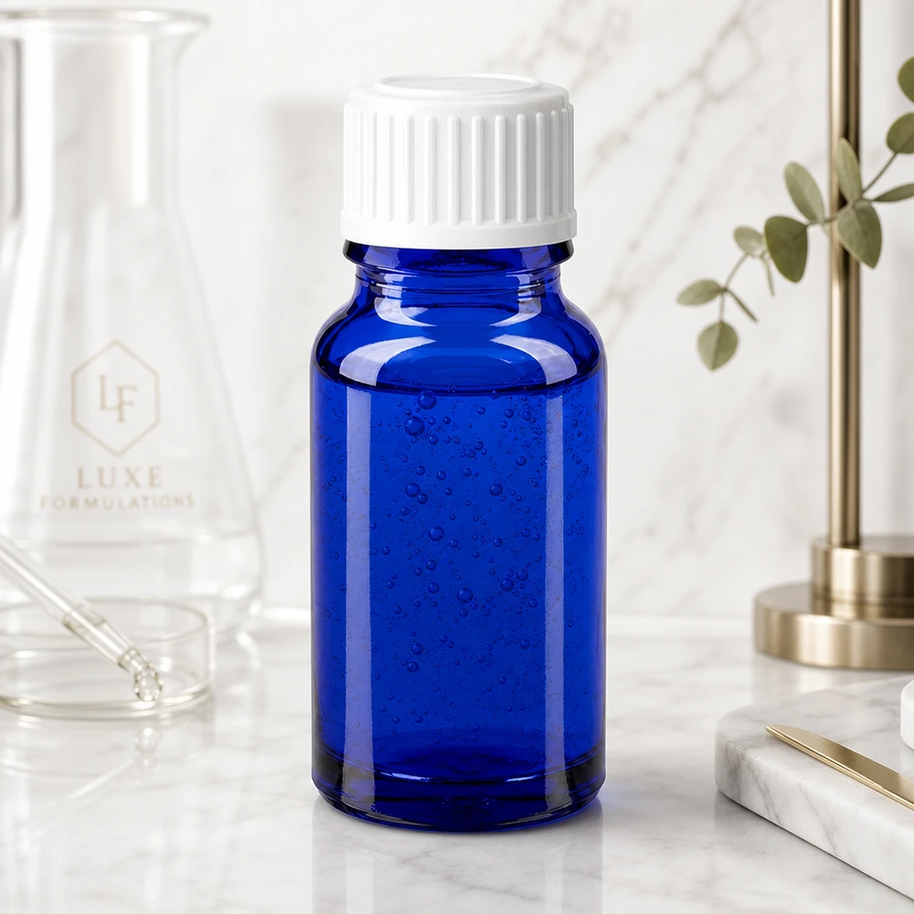 Apothekenflasche blau 10ml Schraubverschluss weiß Standard Blaue UV-Schutz Apothekerflasche 10ml SV Standard weiß vor Erlenmeyer Kolben Luxe Formulations