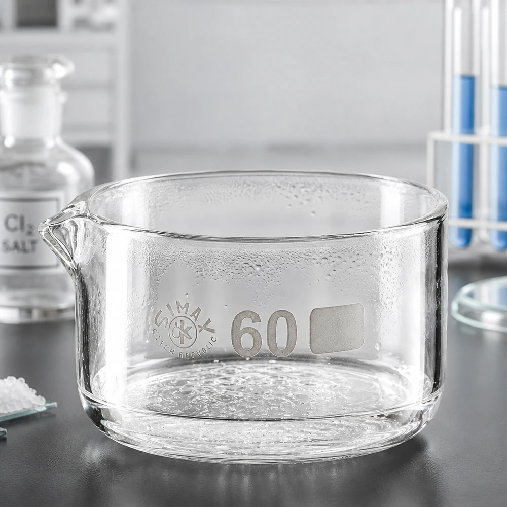 60ml Kristallisierschale mit Ausguss Borosilikat ø60mm Glasschale Labor 60ml Simax zylindrisch flach Bodendicke Ausguss Verdunstungsschale transparent