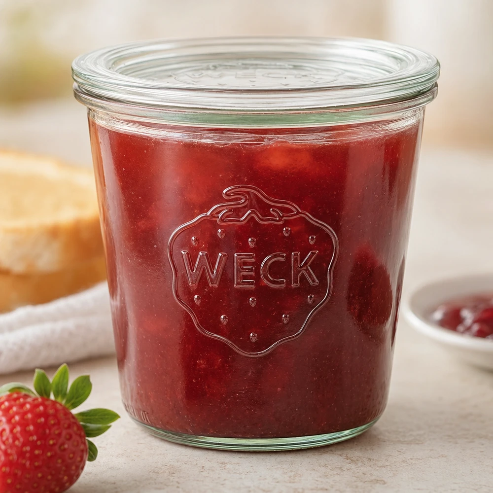 580ml Sturzglas mit Glasdeckel WECK RR100 WECK Sturzglas 580ml RR100 mit roter Erdbeermarmelade und Strawberry-Logo auf Küchenarbeitsplatte