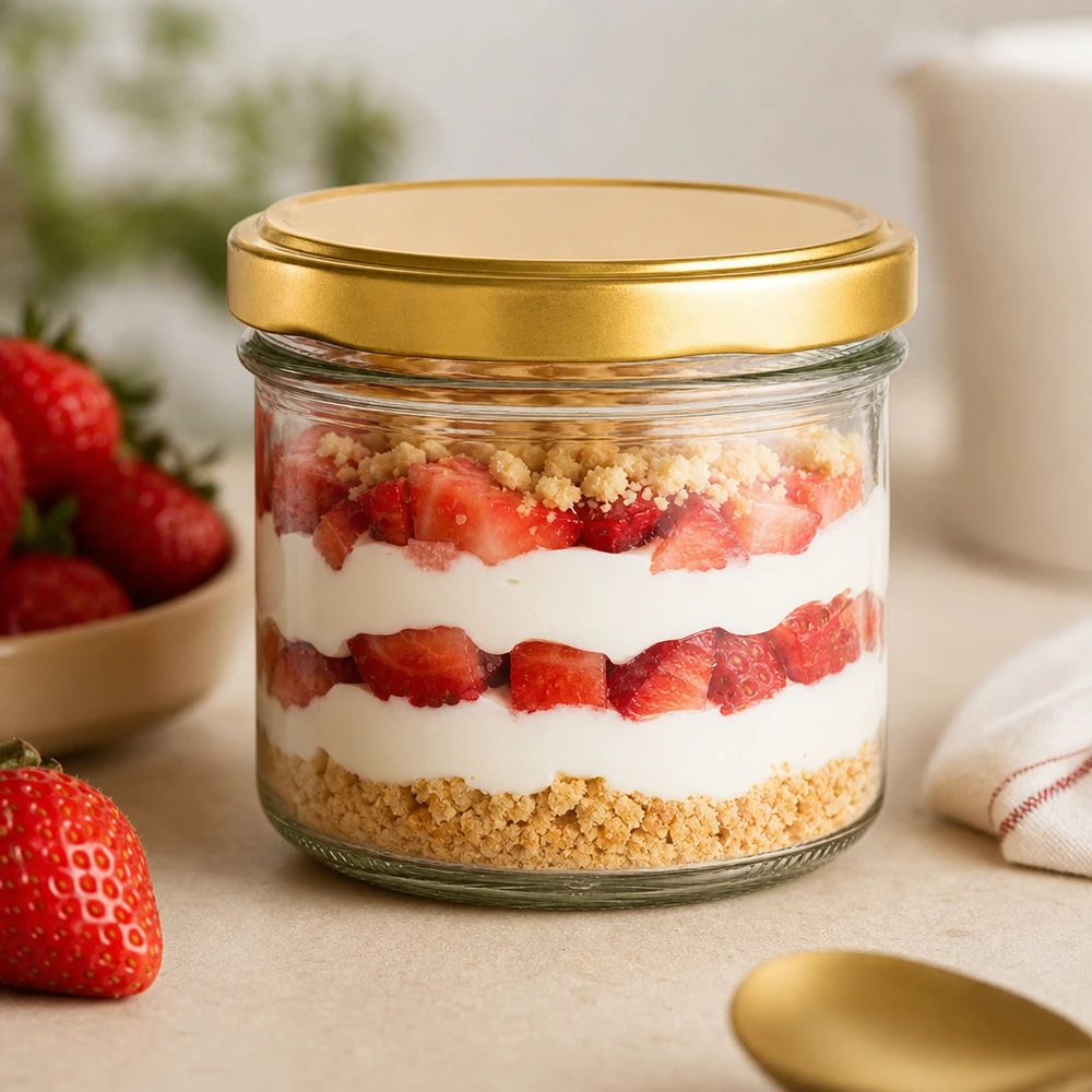 225ml Sturzglas mit BasicSeal Deckel gold UNiTWIST 225ml Sturzglas UNiTWIST gold mit BasicSeal Deckel als Dessertglas für Erdbeertrifle mit Sahne und Keksboden