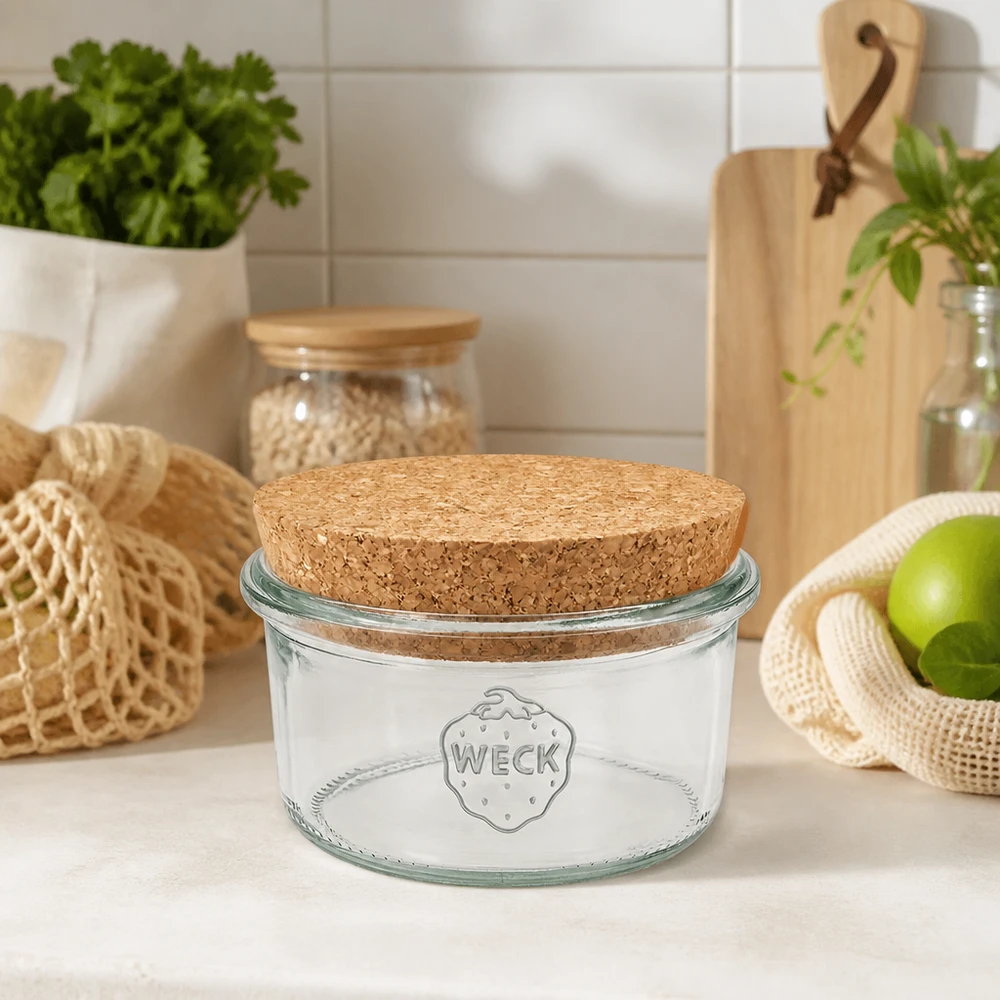 165ml Sturzglas WECK RR80 mit Korken natur WECK Vorratsglas 165ml RR80 mit Korkdeckel in natürlicher Küchendeko skandinavischer Stil nachhaltiges Glas