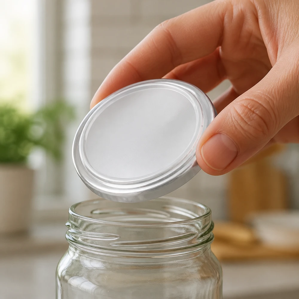 100mm BasicSeal TO100 Einmachdeckel weiss mit Dichtungsring aus der Nähe
