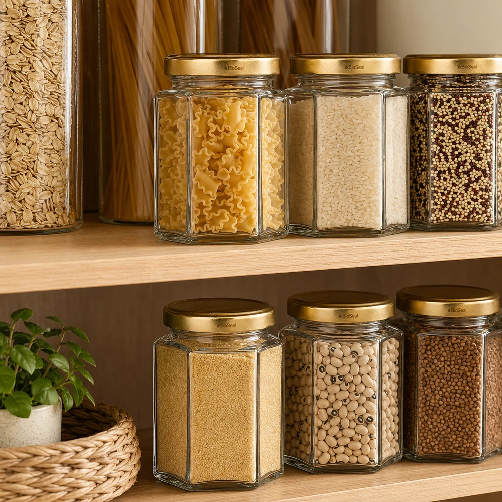 196ml Hexaglas mit BioSeal Deckel gold UNiTWIST Sechseckige UNiTWIST Hexa196 Vorratsgläser mit TO58 BioSeal Golddeckel in organisierter Pantry mit Nudeln und Hülsenfrüc