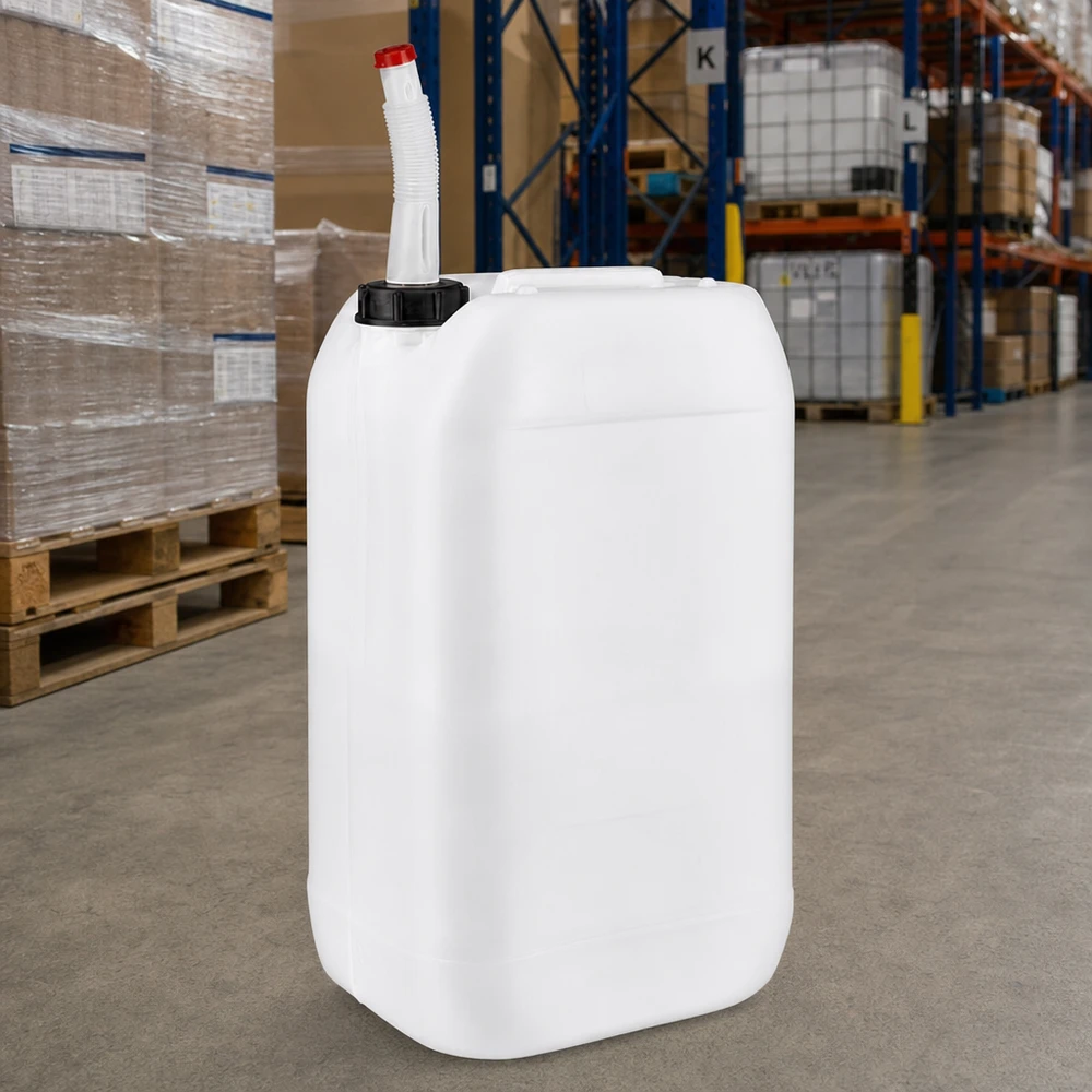 Stapelbarer 15 Liter Kanister mit Auslaufrohr und schwarzem Verschluss für Chemikalien