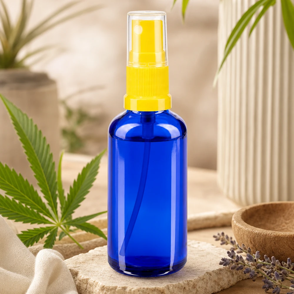 Apothekenflasche blau 50ml Sprayaufsatz gelb Blauglas Sprühflasche 50ml mit transparentem Schutzaufsatz und gelbem Pumpkopf