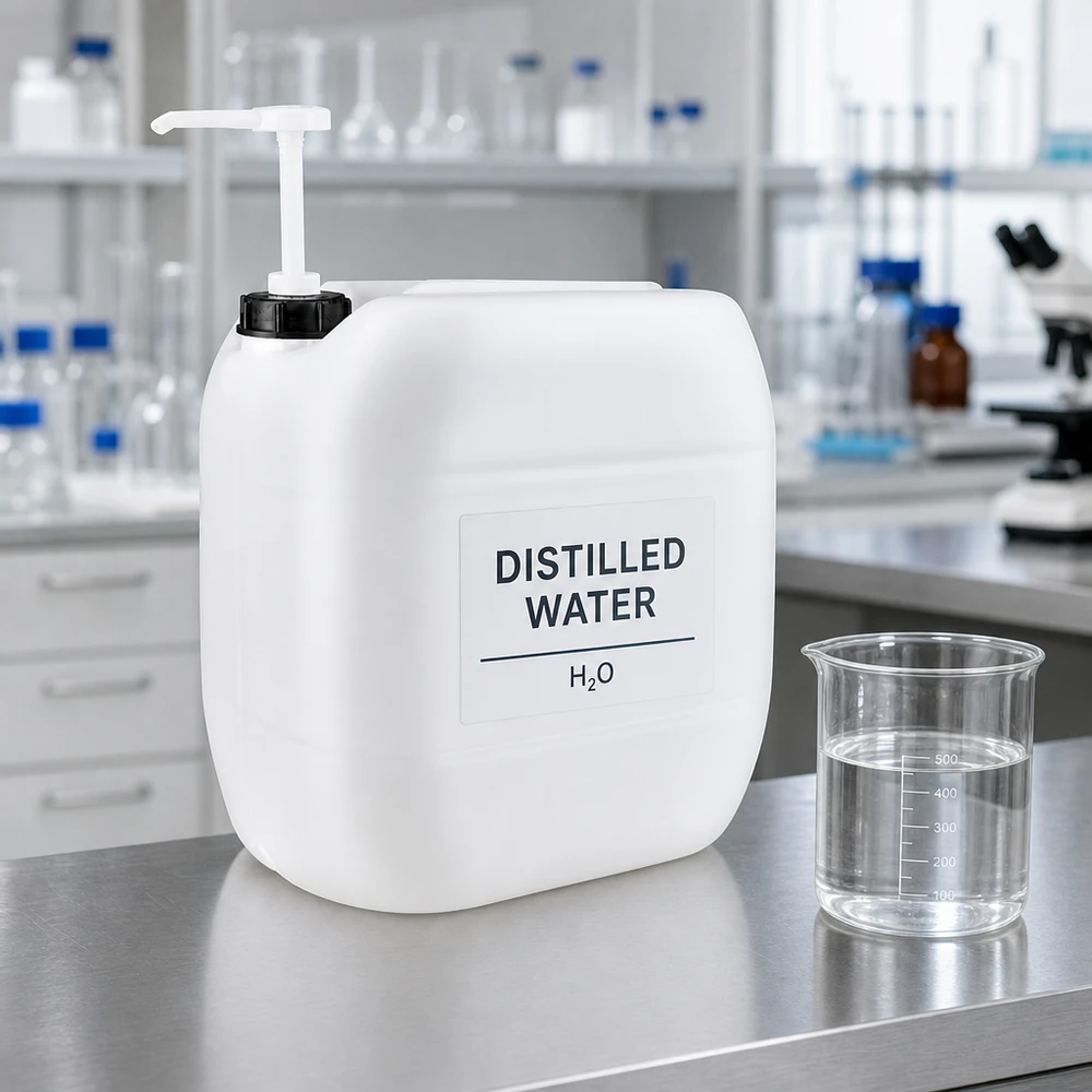 Kanister 30 Liter mit Dosierpumpe Großer Kunststoffkanister 30L mit Pumpspender im professionellen Laborumfeld