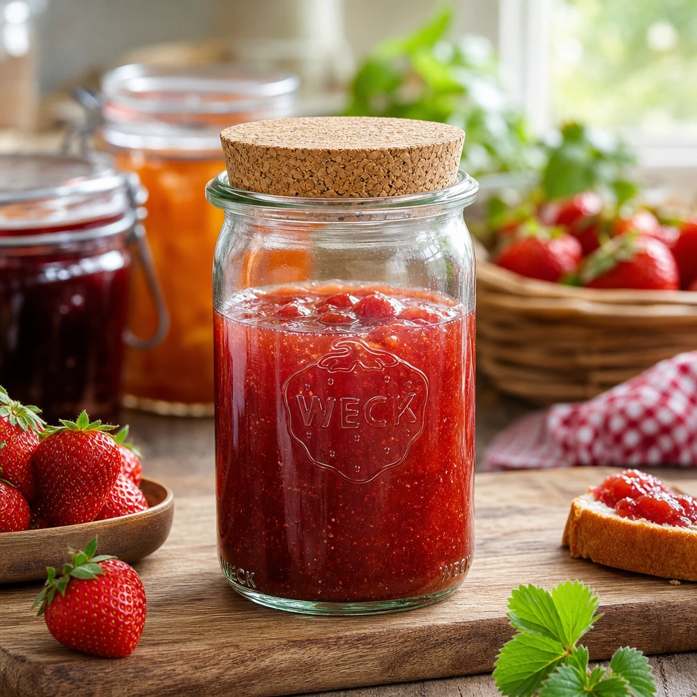 145ml Zylinderglas WECK RR40 mit Korken natur WECK 145ml Zylinderglas mit Korkdeckel gefüllt mit Erdbeermarmelade umgeben von frischen Erdbeeren auf Holztisch