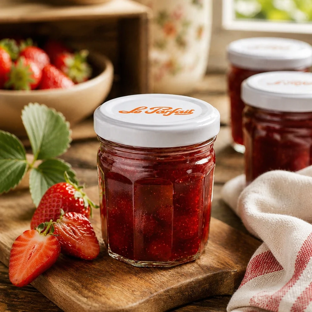 Le Parfait Mini-Marmeladengläser 44ml mit Erdbeeren und Konfitüre auf Holzbrett - perfekt für selbstgemachte Aufstriche