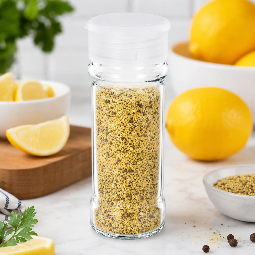 Kleines Gewürzglas aus Glas 100ml mit Streueraufsatz weiß auf Marmoroberfläche