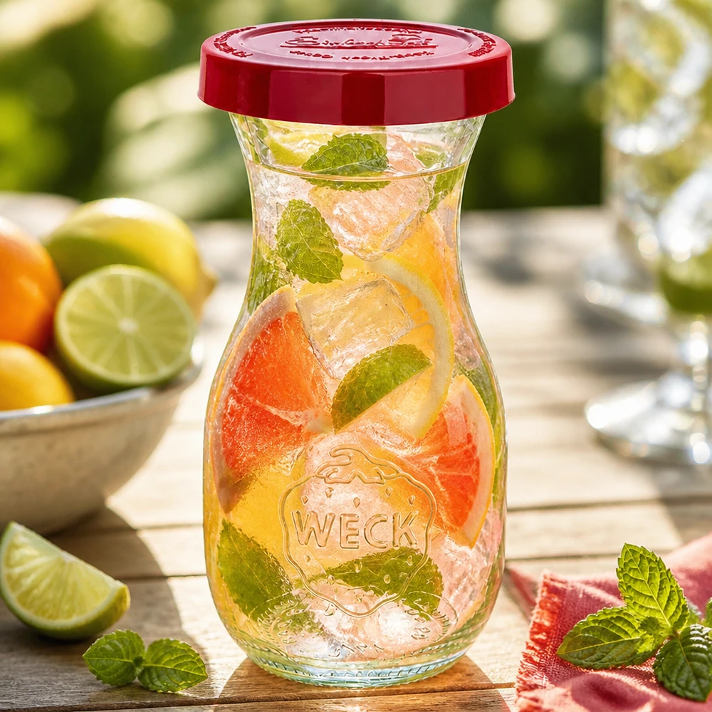 Traditionelle WECK Glasflasche 290ml mit modernem roten Silikonverschluss für stilvolle Präsentation