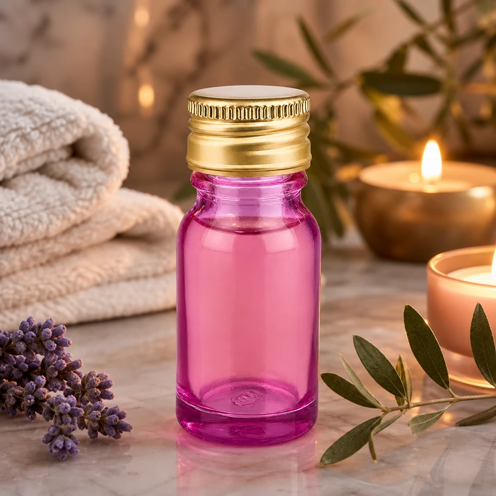 10ml Flasche 11mm Schraubverschluss Alu-Gold Standard PurpleLine. UT18/10 Handliche 10ml Reiseflasche aus lila Glas mit sicherem Aluminium-Gold Verschluss für unterwegs