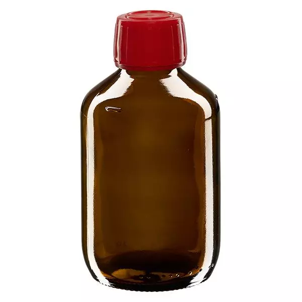 200ml Medizinflasche braun, Verschluss rot mit Originalitätsring ApoGlas 200ml Medizinflasche braun, Verschluss rot mit Originalitätsring ApoGlas