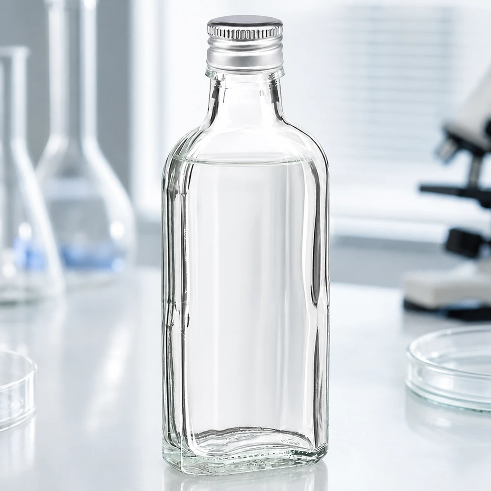 Rechteckige Glasflasche 100ml transparent mit Aluminiumdeckel PP22 in Silber