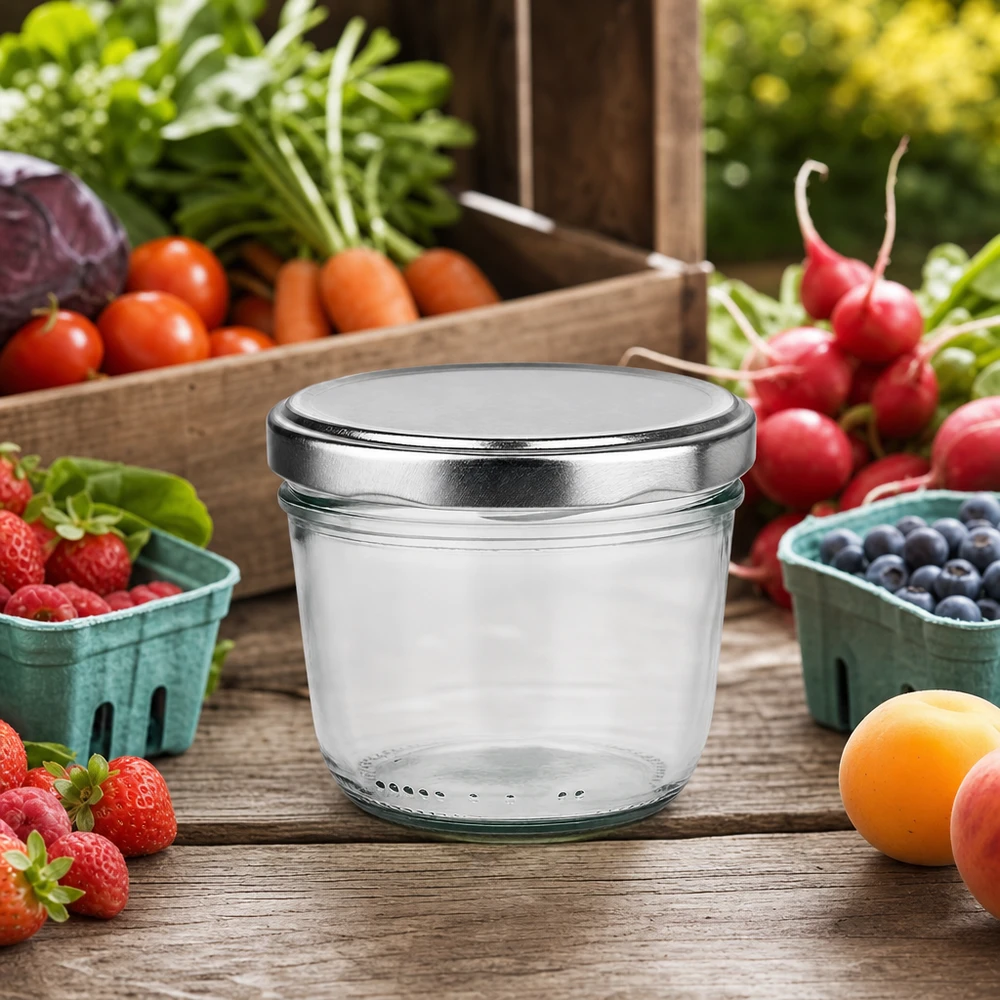 230ml Sturzglas silber BasicSeal Deckel zwischen frischem Obst Gemüse auf Holztisch Outdoor Küchenszene natürlich