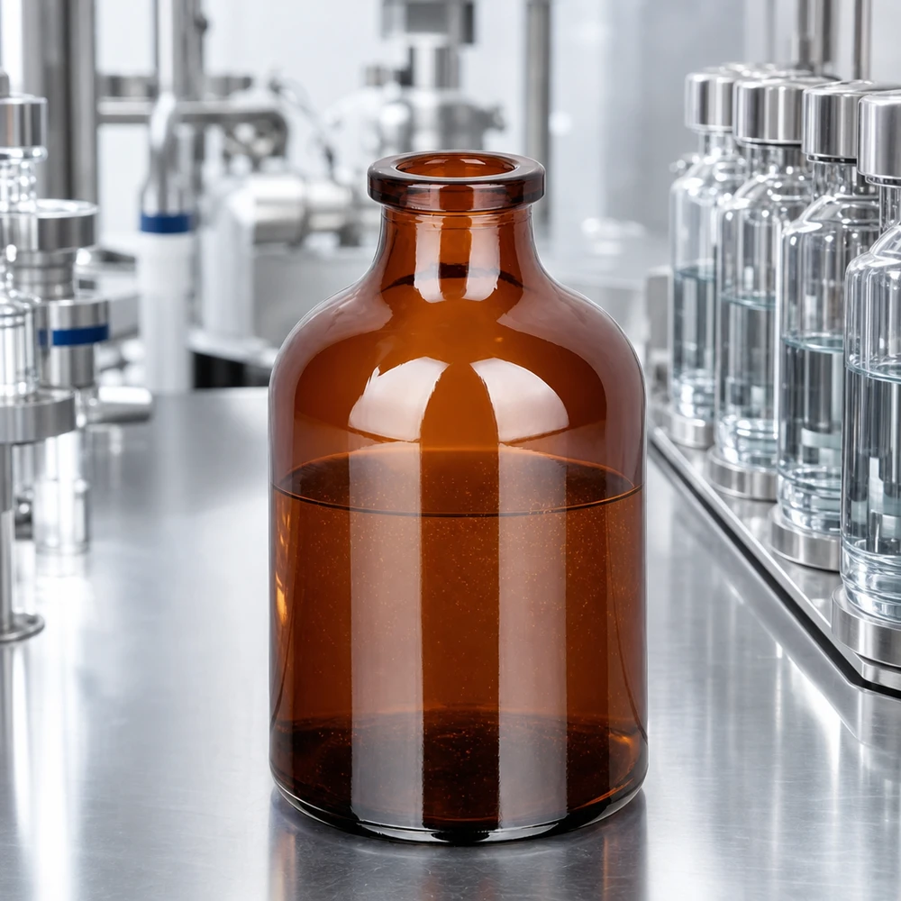 UV-geschützte Injektionsflasche Braunglas 50ml halbgefüllt in industrieller Pharmafertigungslinie