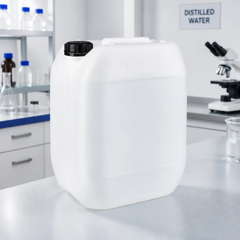 Kanister 10 Liter mit Schraubverschluss Originalitätsverschluss Transparenter 10 Liter Kanister mit schwarzem Deckel auf weißer Laborarbeitsfläche